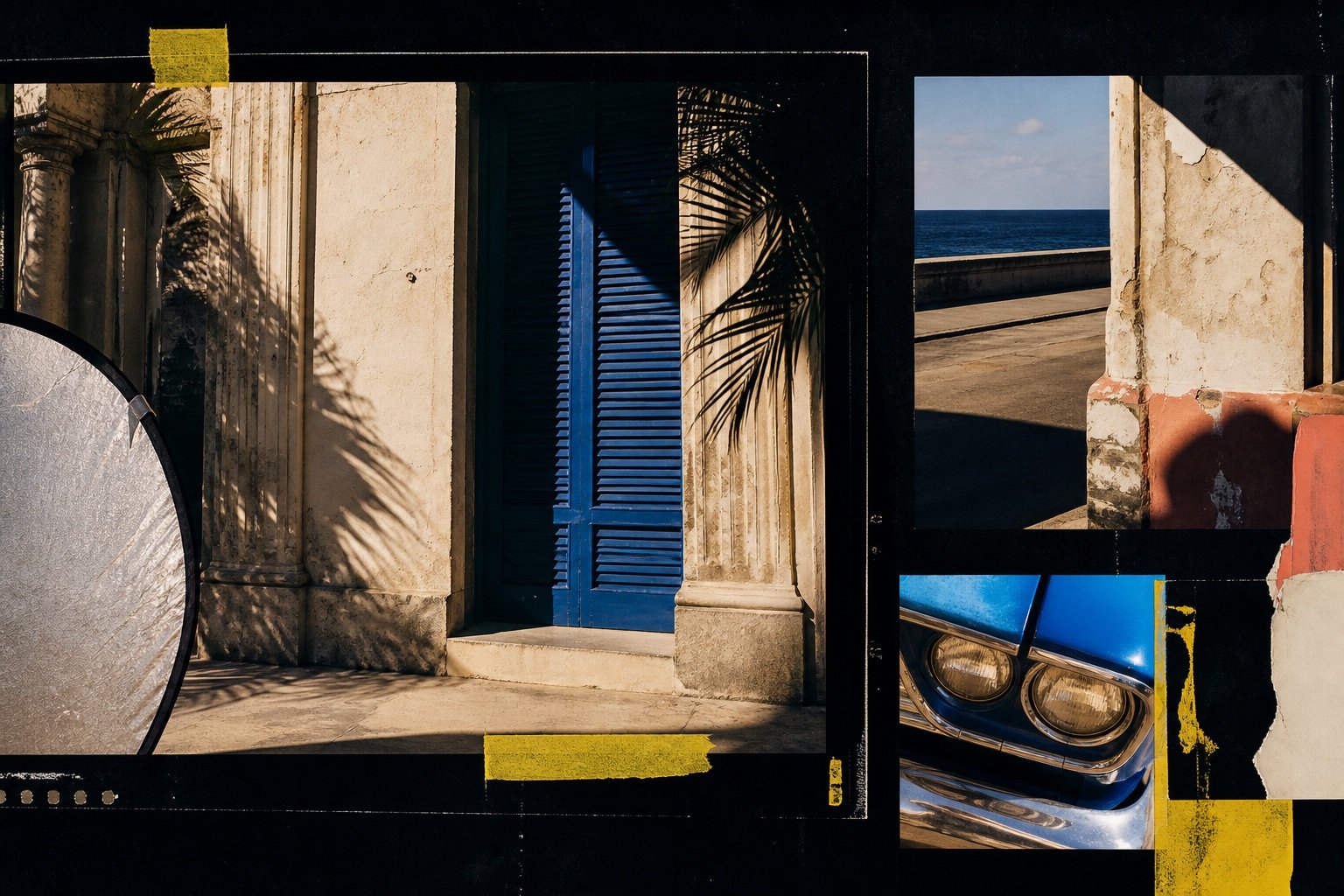 Editorial composition of Havana architecture, sea light, a photographic reflector and a classic car detail